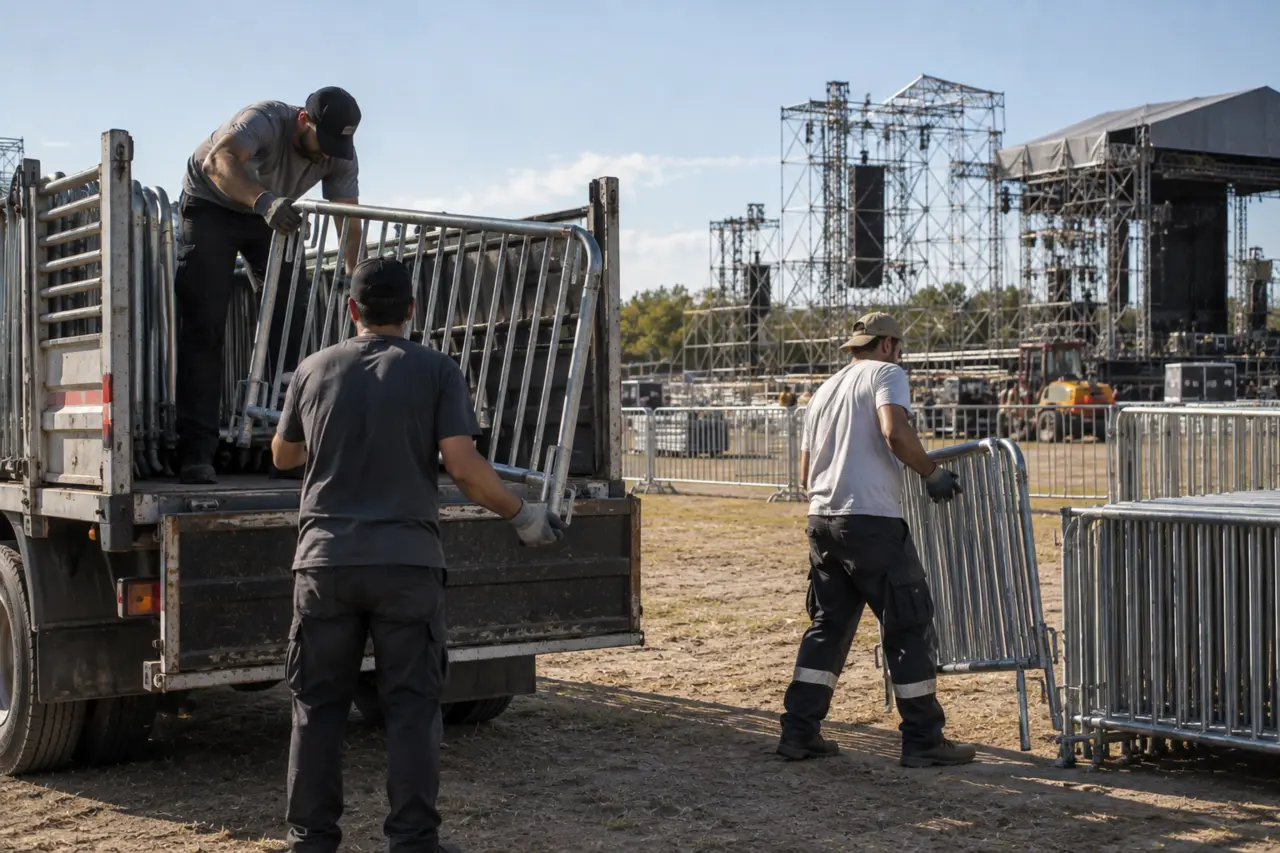 Equipo descargando vallados para el armado de un evento