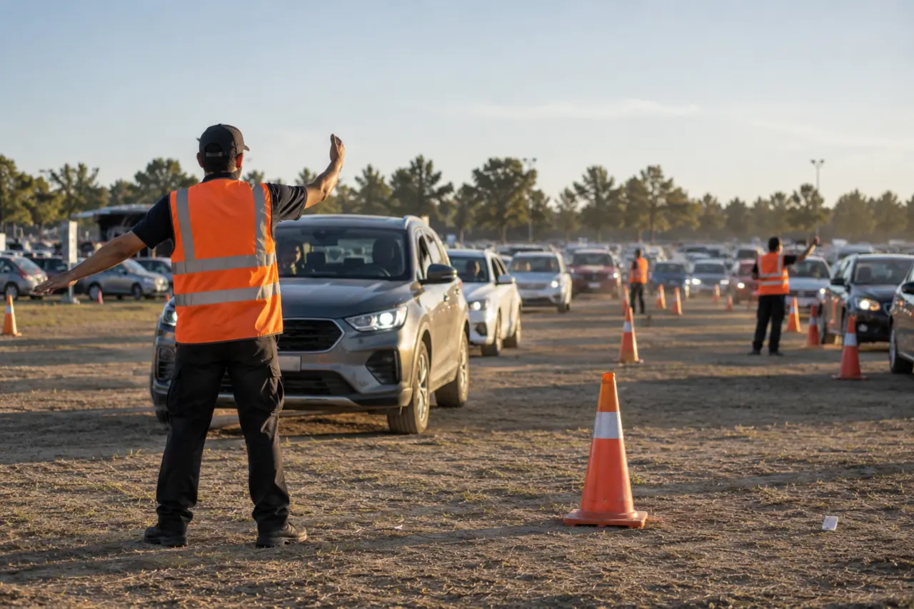 Personal coordinando el estacionamiento de un evento