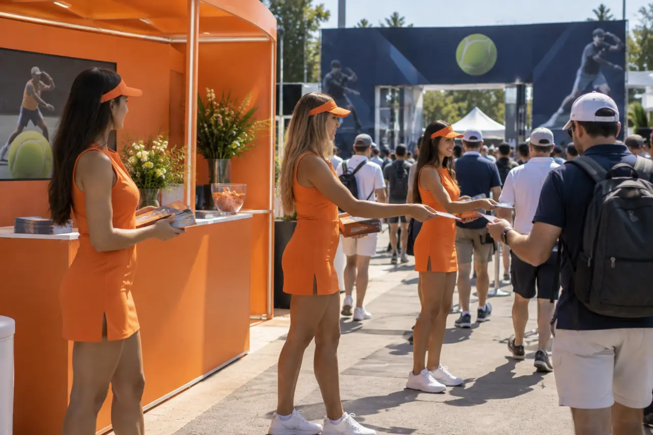 Promotoras entregando material de una marca en un evento